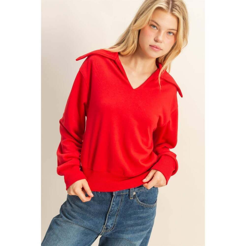 Red Sailor Style Coastal Big Collar Pullover Sweatshirt